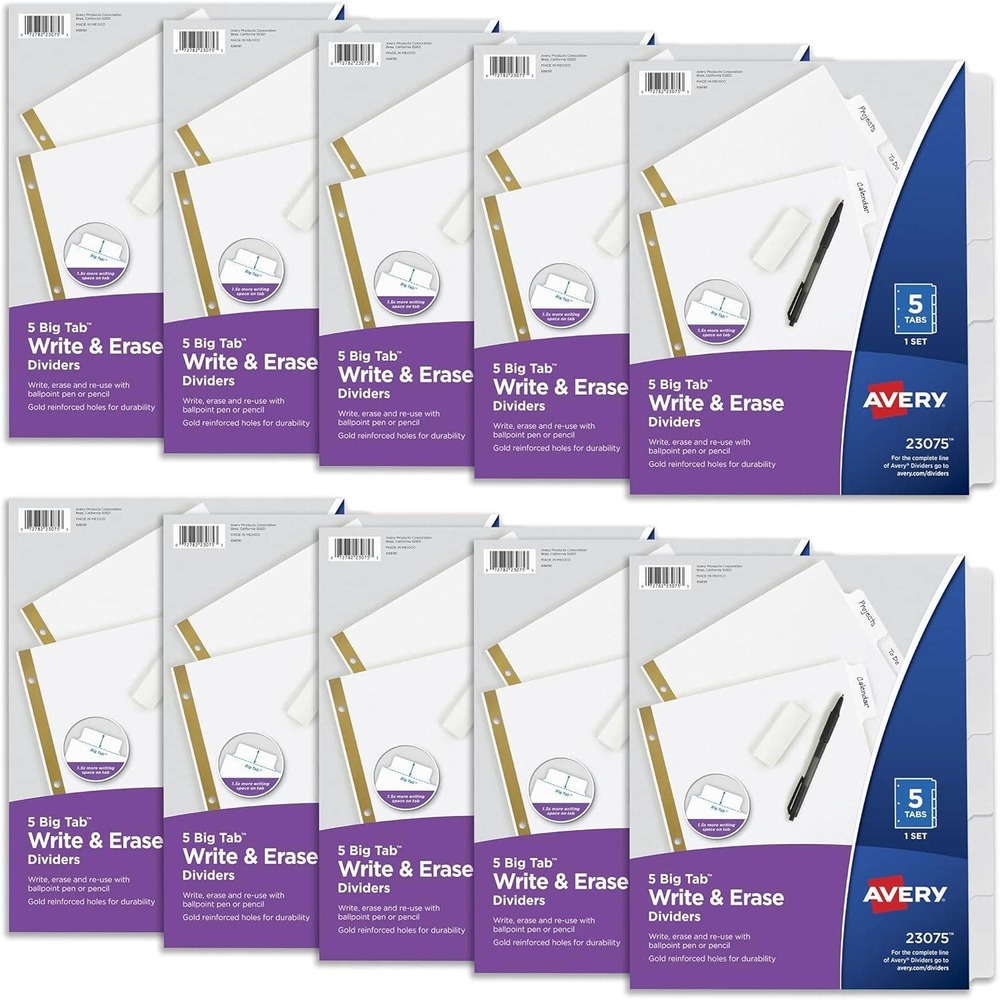 Avery‎ 23075 Big Tab Write & Erase Dividers 5-Tab White 10 Sets Bulk Pack